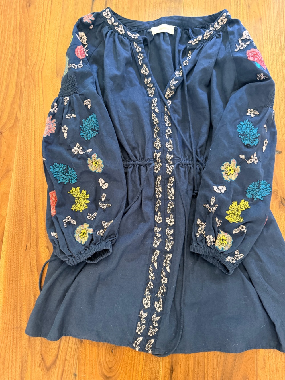 Embroidered Navy Floral Peasant Dress